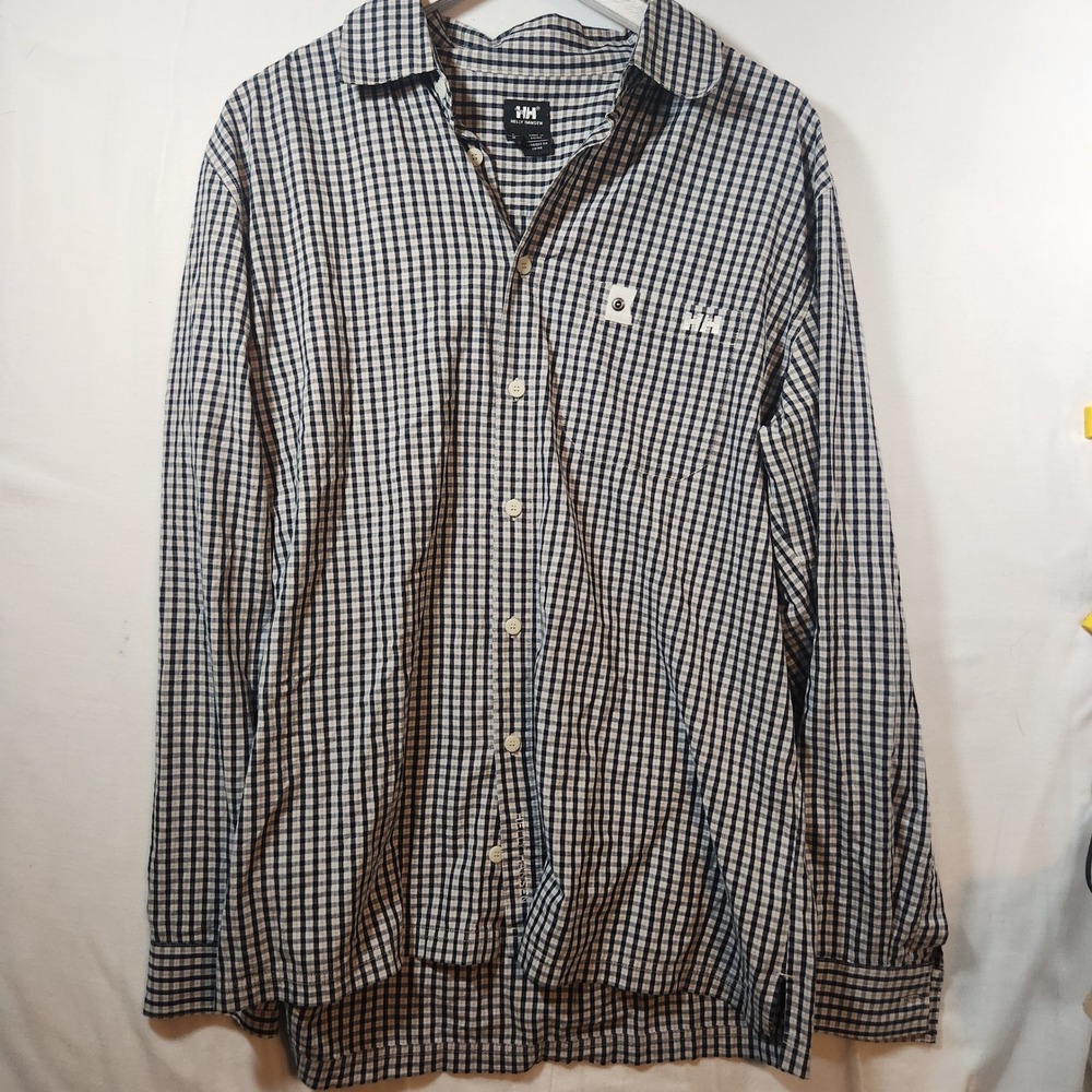 Helly Hansen Mens Large Gingham Check Button Down Shirt Navy Blue White Cotton